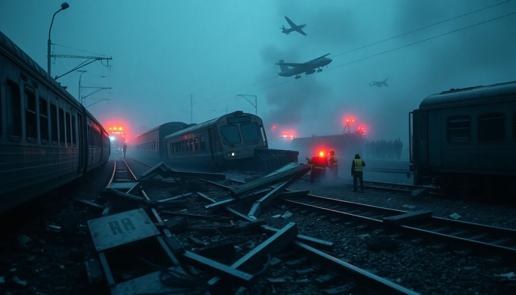 Visualize the spain train crash aftermath as emergency responders work at the scene.