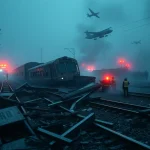 Visualize the spain train crash aftermath as emergency responders work at the scene.