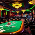 Découvrez l'excitation du meilleur casino en ligne avec une atmosphère de jeu dynamique comprenant des tables de poker et des roues de roulette.