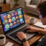 Engaging gameplay of slot777 showing vibrant slot reels on laptop during cozy home gaming session