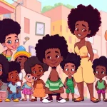 A joyful scene featuring African American cartoons celebrating diversity and representation in animation.