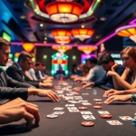 Jelajahi dewalive alternatif dalam suasana kasino yang hidup dengan pemain poker dan chip warna-warni.