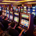 Engaged players experiencing slot gacor hari ini on colorful machines in a lively casino atmosphere.