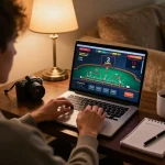 Engaging in casinò americani online on a laptop, showcasing live dealer Blackjack gameplay and smart betting strategy notes.