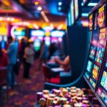 Menang di bandar slot yang cerah dengan mesin slot berkilau dan kerumunan pemain di kasino.