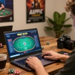 Engaging with sunwinapk on a laptop, showcasing intense poker gameplay in a cozy setup.
