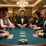 Intense poker game at a luxurious casino showcasing XX88 high-stakes action with players engaged.