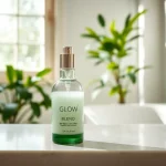 Glow Blend skincare product on marble countertop, exuding luxury and calmness.