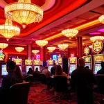 Menang di toto slot dengan mesin slot colorful yang menyala, suasana kasino yang hidup.
