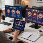 M88 không bị chặn gameplay tại một văn phòng làm việc phong cách với một người chơi đang tham gia trò chơi casino trực tuyến.