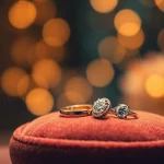 Showcasing Couple rings with intricate designs on a plush velvet cushion.
