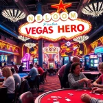 Experience the excitement of Vegas hero with players enjoying casino games and vibrant lights.