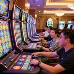 Players enjoying the Mahjong Slot experience with vibrant colors and engaging gameplay in a lively casino.