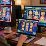 Playing a situs slot gacor online slot game on a laptop, showcasing excitement in a cozy home environment
