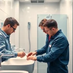 Techniker von sonni sanitär GmbH installieren moderne Badezimmerausstattung.