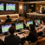 Engaged bettors cheering for their teams at a stylish sports betting lounge showcasing top quality widgets.