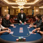 Engaged poker players strategizing at the table in an upscale setting during a thrilling sh bet.