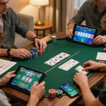 Players engaging in the online poker game with alexis77 app on their tablet for a strategic home gaming experience