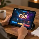 Engaging with G28 online casino app on tablet in cozy home setting, showcasing responsible gaming.