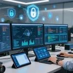Cybersecurity analyst at shs-dome5.com monitoring digital security protocols in a modern control room.