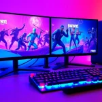 Experience the Best Fortnite script in an intense gaming setup showcasing vibrant battle action.