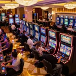 Pemain merasakan kegembiraan paris888 di lingkungan kasino yang ramai dengan mesin slot yang berwarna-warni.