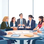 Mediation session with diverse participants discussing solutions in a professional setting.