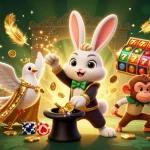 Engage with PG slot action featuring a magician rabbit, dove, and monkey among dynamic casino elements.
