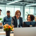 Engaging professionals using an assistant for enterprise system in a modern workspace.
