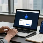 快连 VPN 应用程序在具有生动城市景观的专业工作空间中的笔记本电脑上显示。