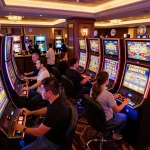 Experience the thrill of playing slot gacor gampang menang in a bustling casino with colorful machines.
