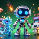 Experience slot thailand action with a cyberpunk robot and dragon in vibrant 3D casino illustration.