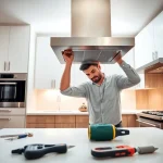 Exhaust hood installation process in a modern kitchen setting featuring stainless steel appliances.