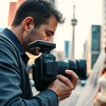 Edmonton videographer capturing wedding moments in an urban setting with notable city landmarks.