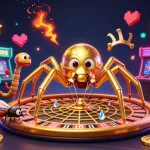 Experience thrilling wins with the lively kakek zeus spinning a roulette web in this vibrant casino illustration.