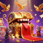 Menangkan lebih banyak dengan slot gacor, peti harta karun berkilau dan simbol keberuntungan di latar belakang