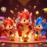 Experience thrilling games with ee88 as rival pangolins roll golden balls and poker chips in a vibrant casino scene.