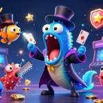 keonhacai5tv showcases a magical scene with a bioluminescent eel and anglerfish engaged in card tricks.