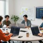 Collaborative tech workspace where a diverse group develops spicy AI applications with laptops and brainstorming on a whiteboard.