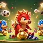 Cổng game bài đổi thưởng Sunwin showcases rival pangolins in a dynamic casino scene with vibrant game elements and trophies.