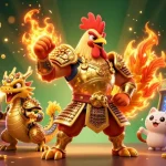 Spin the reels with situs slot gacor deposit 10k in a vibrant 3D casino scene featuring a warrior rooster, dragon, and fortune cat.