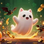 Engaging แทงบอลออนไลน์ SBOBET 3D illustration showing a friendly ghost cat in a lively casino scene.