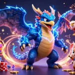 janda4d beraksi dengan mesin slot penuh gemerlap dan koin emas terbang di sekitar karakter gaming yang mengasyikkan.
