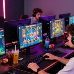 Diverse players engaged in Spaceman88 slot game with colorful graphics and snacks.