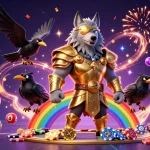 Play iwin with a vibrant casino-themed illustration combining mythological characters and dynamic gambling elements.