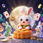 Permainan slot janda4d yang menampilkan karakter kelinci bulan dengan koin emas dan penanda.