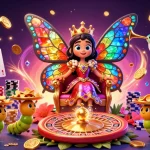 Experience thrilling games like situs judi bola with a vibrant butterfly queen surrounded by riches.