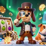 Enticing scene highlighting credit card casino sites with a detective dog duo discovering treasures amidst vibrant game motifs.