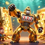 LUCKY77 sparks excitement with a golden gorilla mech bursting with coins and treasures.