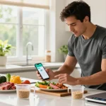 A person using the best AI calorie tracker app in a modern kitchen, logging a healthy meal with fresh ingredients visible.